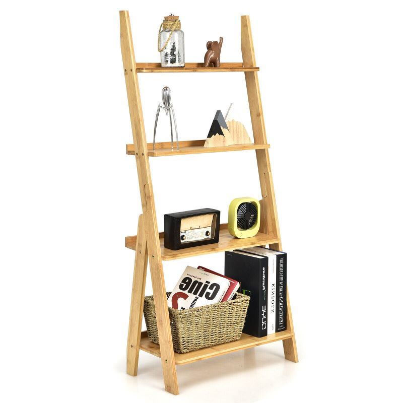 dropship Living Room 4-Tier Bamboo Ladder Display Shelf Storage Rack Plant Flower Stand