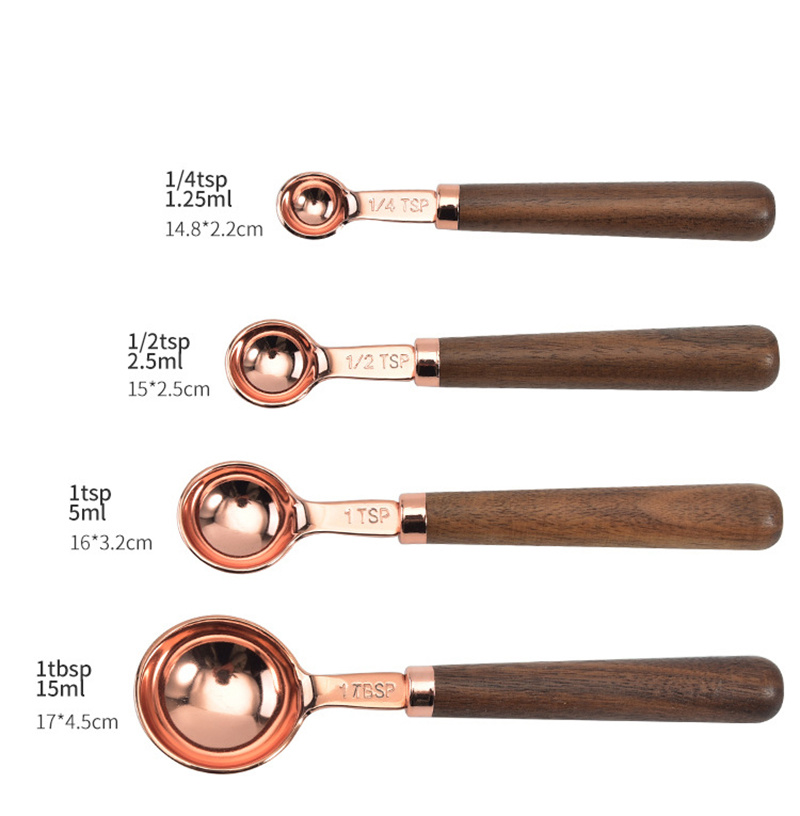 dropship Kitchen Accessories 4Pcs/Set Measuring Cups Spoons Stainless Steel Plated Copper Wooden Handle Cooking Baking Tools