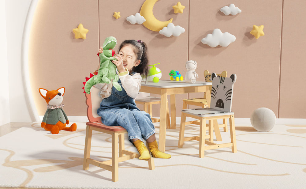 dropship 5 Piece Kiddy Table and Chair Set , Kids Wood Table with 4 Chairs Set Cartoon Animals (bigger table) (3-8 years old)