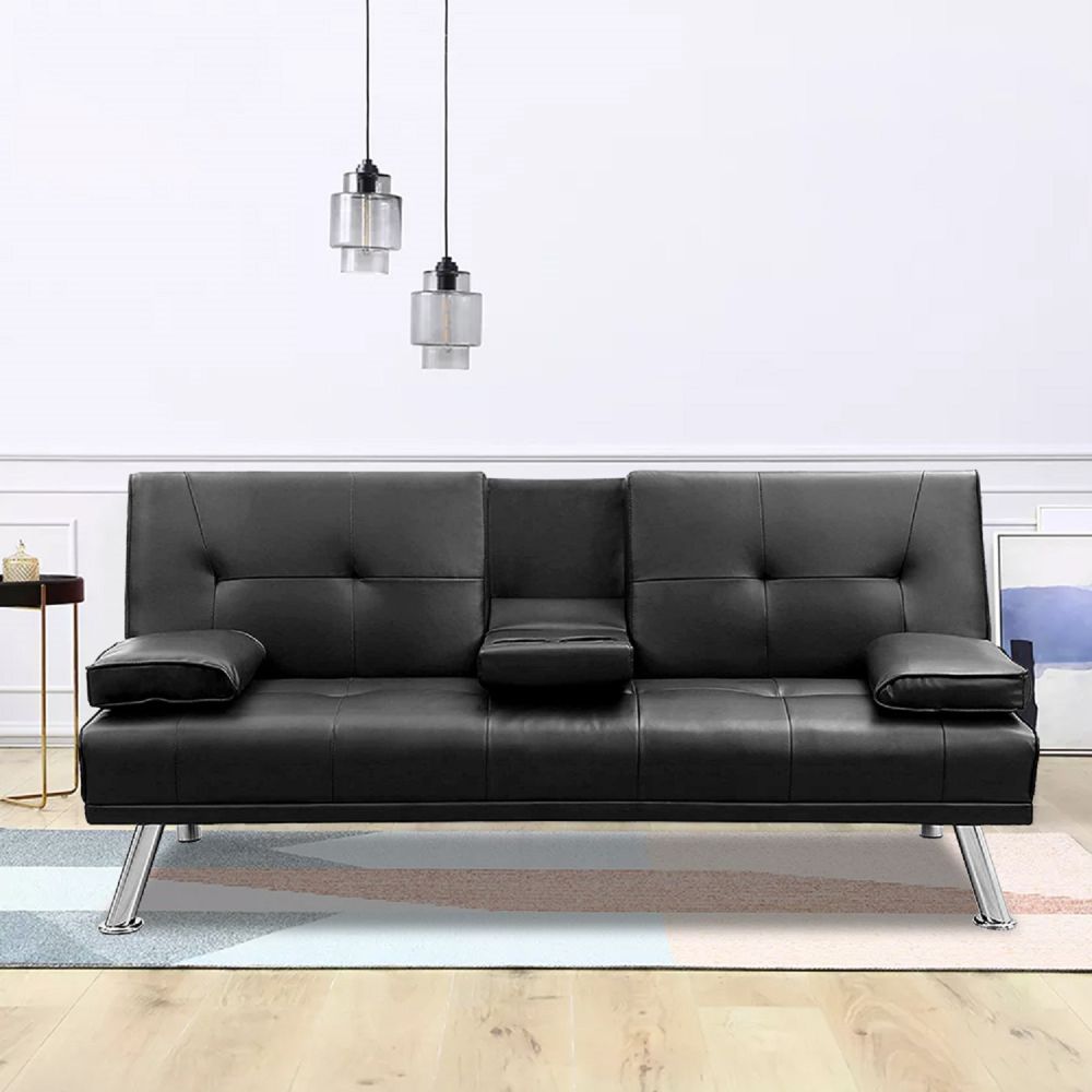 dropship MEGA Futon Sofa Bed, Modern Faux Leather Convertible Folding Lounge Sofa for Living Room with 2 Cup Holders Removable Soft Armrests and Sturdy Metal Legs, Charming Black.