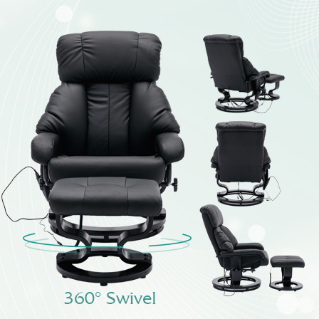 dropship Recliner with Ottoman Footrest, Recliner Chair with Vibration Massage, Faux Leather and Swivel Wood Base for Living Room and Bedroom, Black