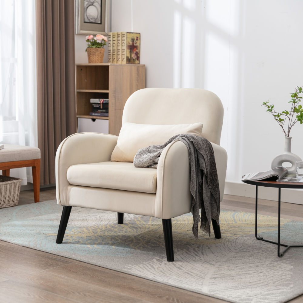 dropship Accent chair, KD solid wood legs with black painting. Fabric cover the seat. With a cushion.