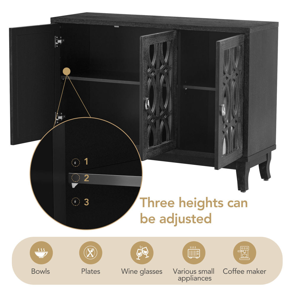 dropship TREXM Sideboard with Glass Doors, 3 Door Mirrored Buffet Cabinet with Silver Handle for Living Room, Hallway, Dining Room (Black)