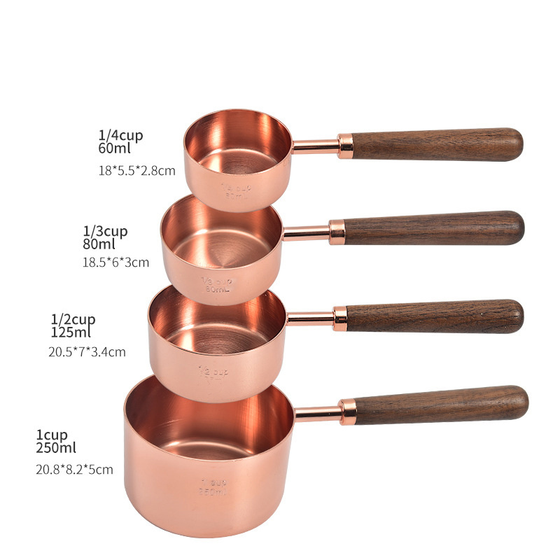 dropship Kitchen Accessories 4Pcs/Set Measuring Cups Spoons Stainless Steel Plated Copper Wooden Handle Cooking Baking Tools