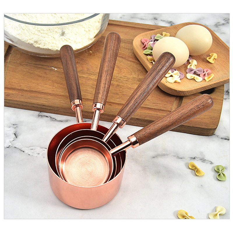 dropship Kitchen Accessories 4Pcs/Set Measuring Cups Spoons Stainless Steel Plated Copper Wooden Handle Cooking Baking Tools