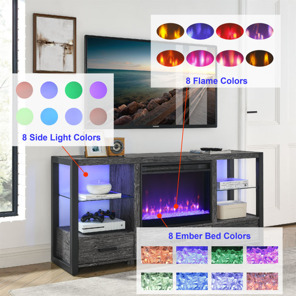 dropship 60 Inch Electric Fireplace Media TV Stand With Sync Colorful LED Lights-Dark rustic oak color