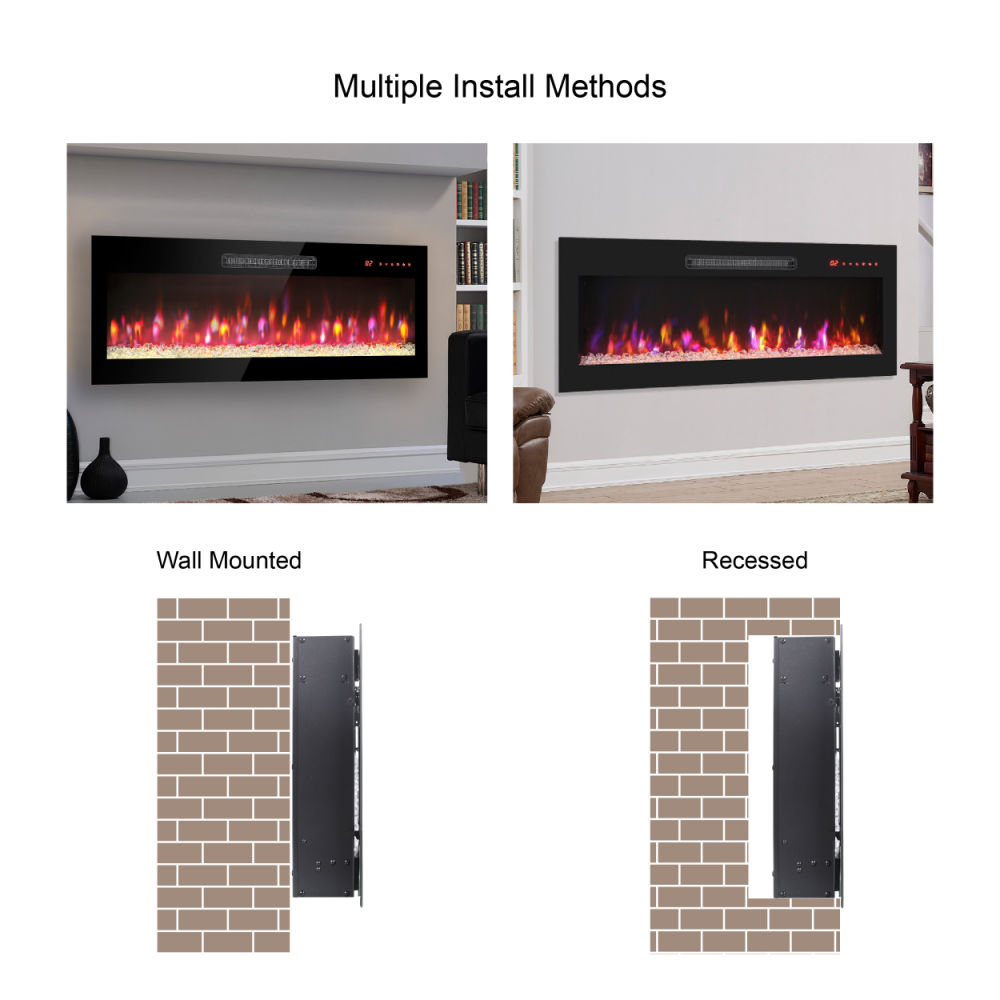 dropship 50 inch recessed ultra thin tempered glass front wall mounted electric fireplace with remote and multi color flame & emberbed, LED light heater