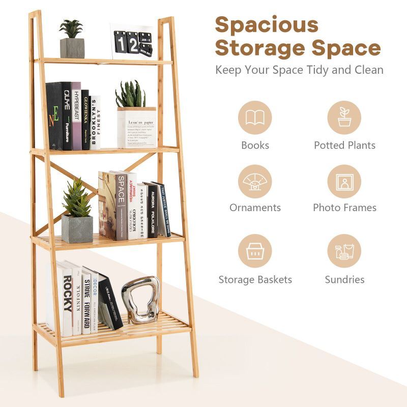 dropship Living Room 4-Tier Bamboo Ladder Display Shelf Storage Rack Plant Flower Stand