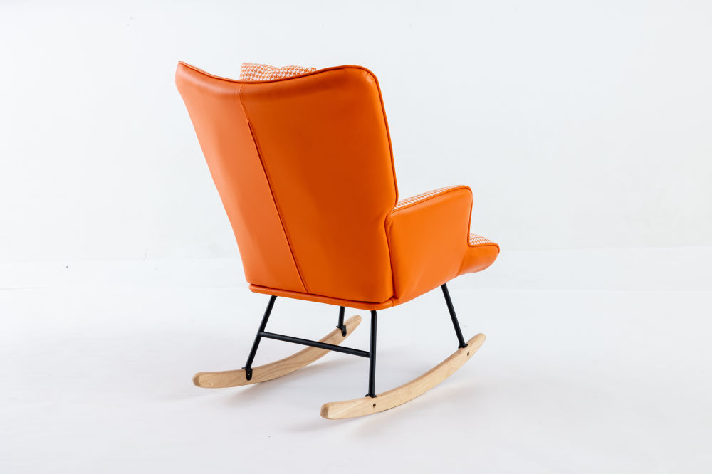 dropship 35.5 inch Rocking Chair, Soft Houndstooth Fabric Leather Fabric Rocking Chair for Nursery, Comfy Wingback Glider Rocker with Safe Solid Wood Base for Living Room Bedroom Balcony (orange)