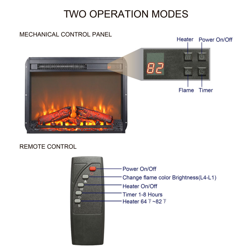 dropship 23 inch electric fireplace insert, ultra thin heater with log set & realistic flame, remote control with timer, overheating protection