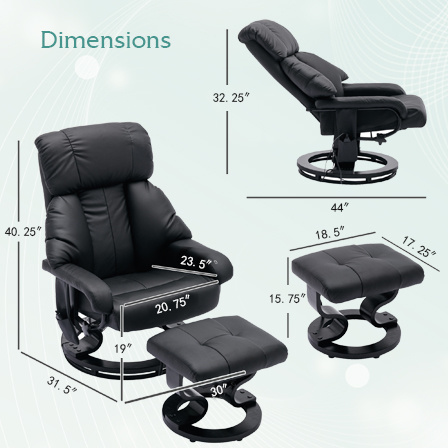 dropship Recliner with Ottoman Footrest, Recliner Chair with Vibration Massage, Faux Leather and Swivel Wood Base for Living Room and Bedroom, Black