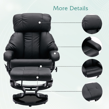 dropship Recliner with Ottoman Footrest, Recliner Chair with Vibration Massage, Faux Leather and Swivel Wood Base for Living Room and Bedroom, Black