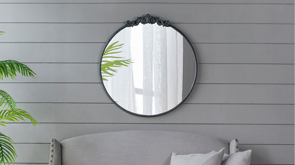 dropship 30" x 32" Classic Design Mirror with Round Shape and Baroque Inspired Frame for Bathroom, Entryway Console Lean Against Wall
