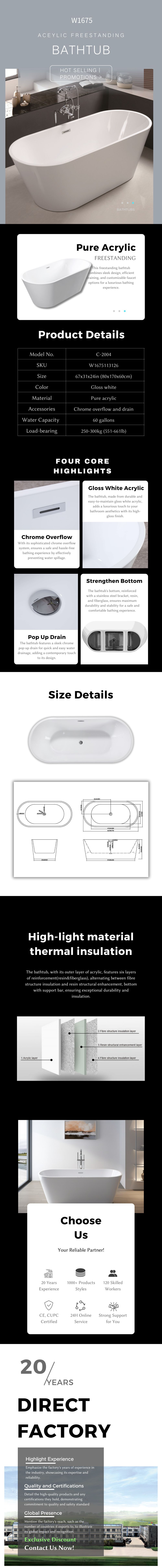 dropship 67" Acrylic Freestanding Bathtub-Acrylic Soaking Tubs, Oval Shape Freestanding Bathtub With Chrome Overflow and Pop Up Drain