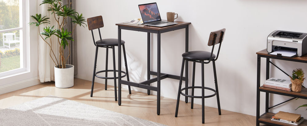 dropship Bar Table Set with 2 Bar stools PU Soft seat with backrest, Rustic Brown, 23.62'' W x 23.62'' D x 35.43'' H
