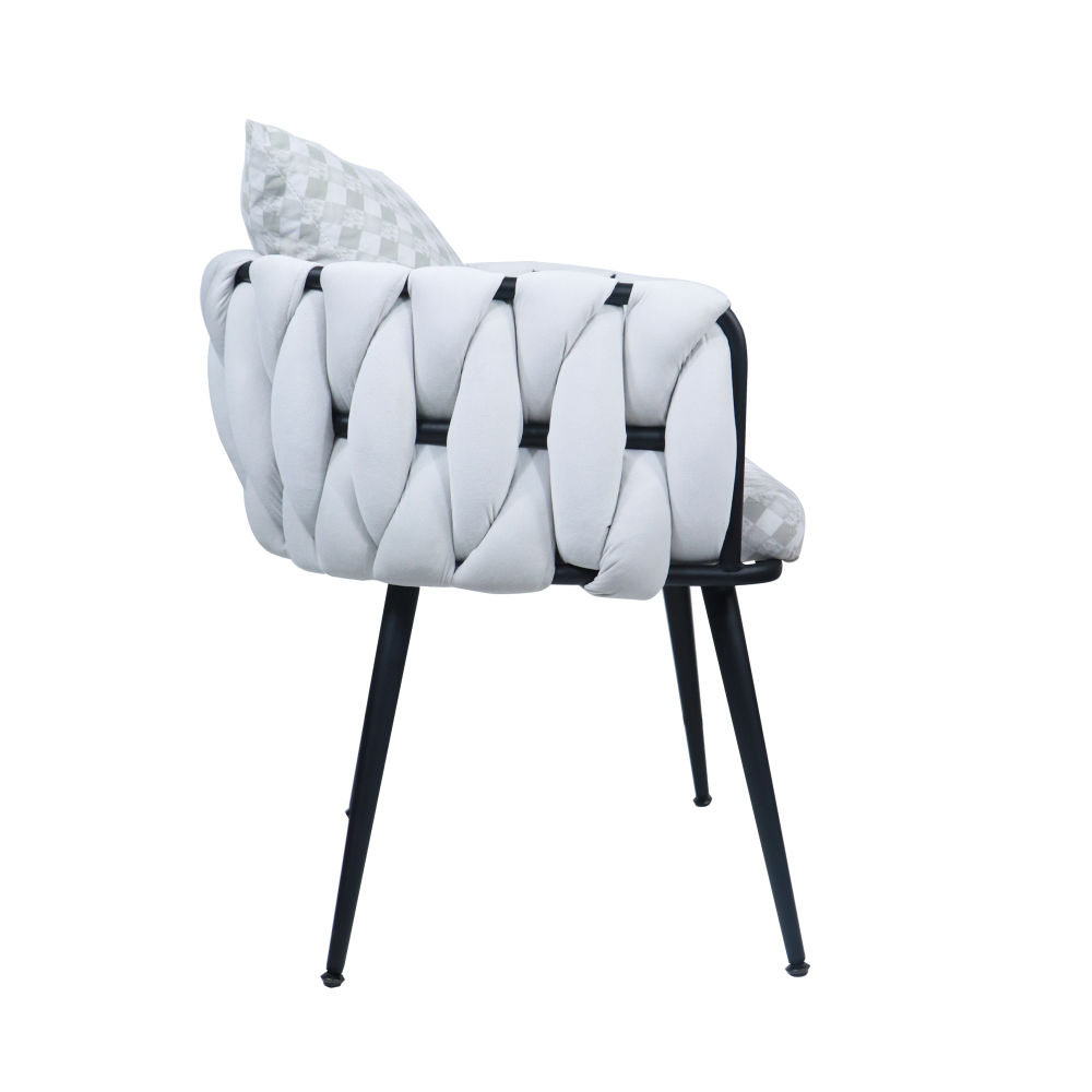 dropship Beige Modern Velvet Dining Chairs Set of 2 Hand Weaving Accent Chairs Living Room Chairs Upholstered Side Chair with Black Metal Legs for Dining Room Kitchen Vanity Living Room