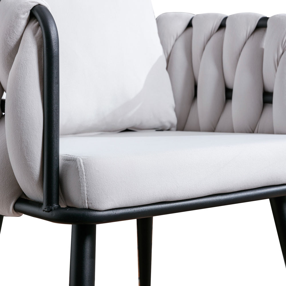 dropship Pure Ivory Modern Velvet Dining Chairs Set of 2 Hand Weaving Accent Chairs Living Room Chairs Upholstered Side Chair with Black Metal Legs for Dining Room Kitchen Vanity Living Room