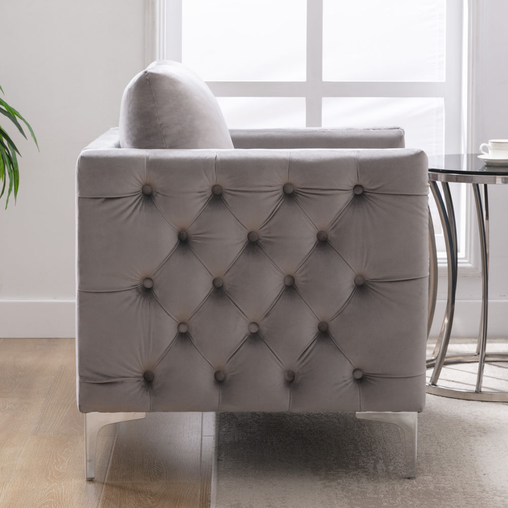 dropship Modern Velvet Armchair Tufted Button Accent Chair Club Chair with Steel Legs for Living Room Bedroom,Grey