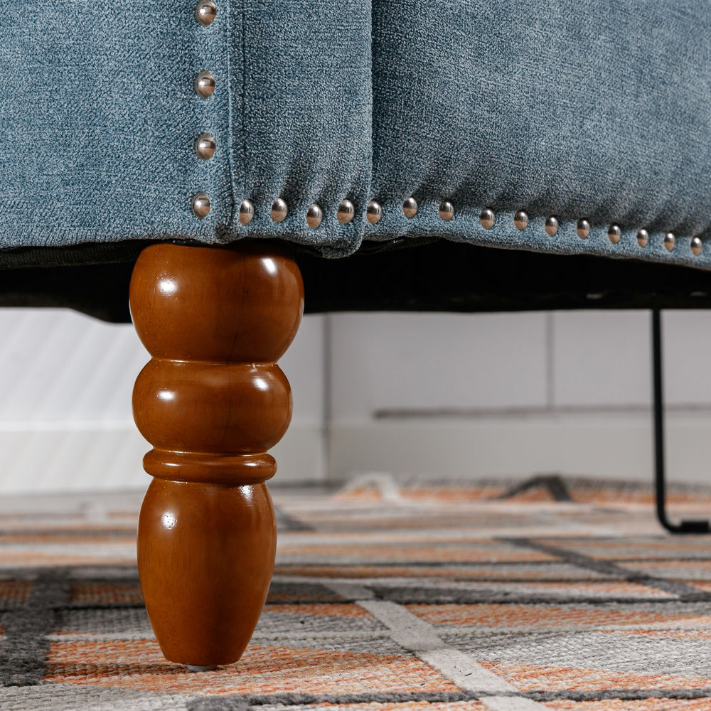 dropship Blue Accent Chair, Living Room Chair, Footrest Chair Set with Vintage Brass Studs, Button Tufted Upholstered Armchair for Living Room, Comfy Reading Chair for Bedroom, Reception Room