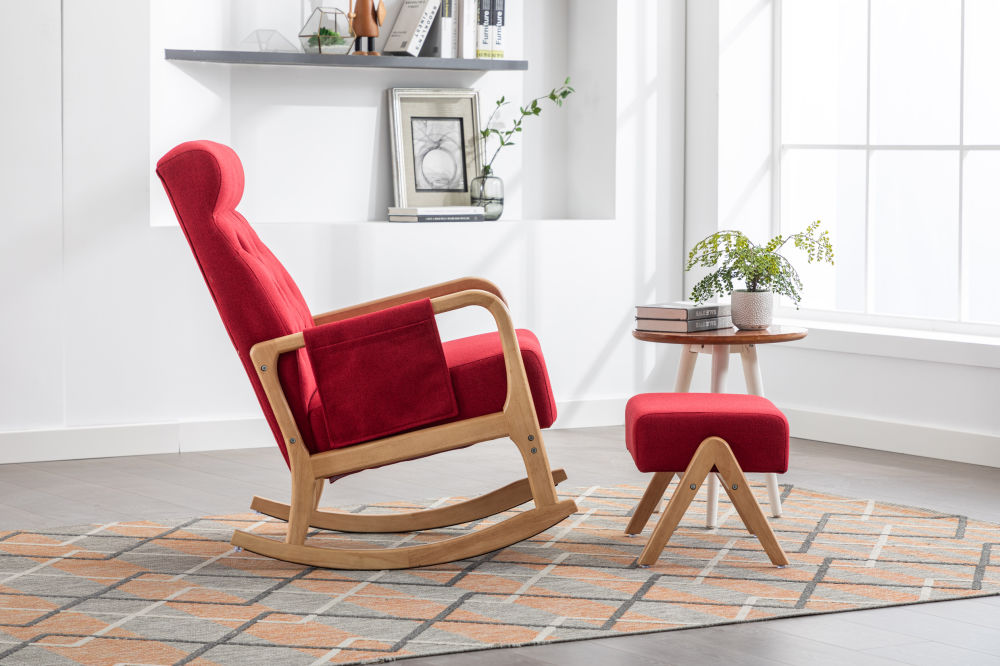 dropship COOLMORE Rocking Chair With Ottoman, Mid-Century Modern Upholstered Fabric Rocking Armchair, Rocking Chair Nursery with Thick Padded Cushion, High Backrest Accent Glider Rocker Chair for Living Room