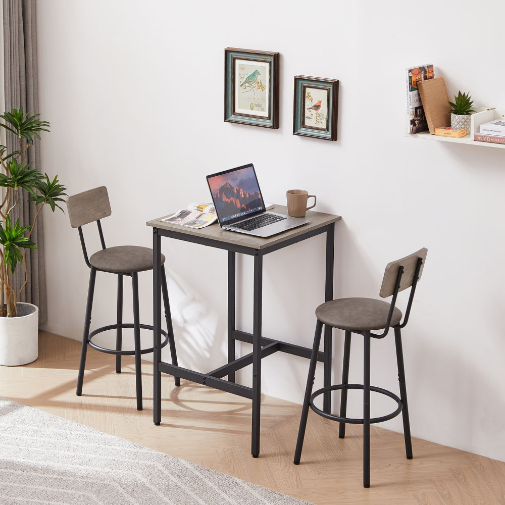 dropship Bar Table Set with 2 Bar stools PU Soft seat with backrest, Grey, 23.62'' W x 23.62'' D x 35.43'' H