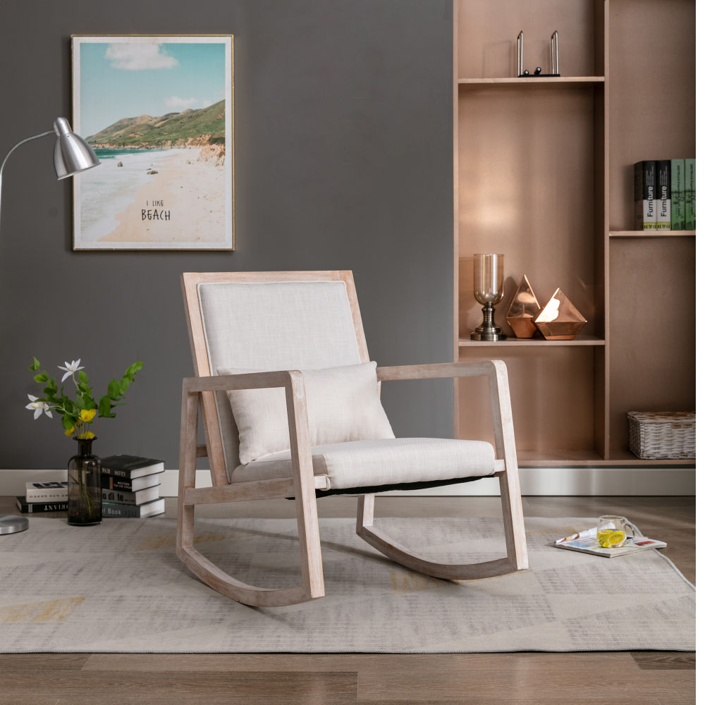dropship Solid wood linen fabric antique white wash painting rocking chair with removable lumbar pillow