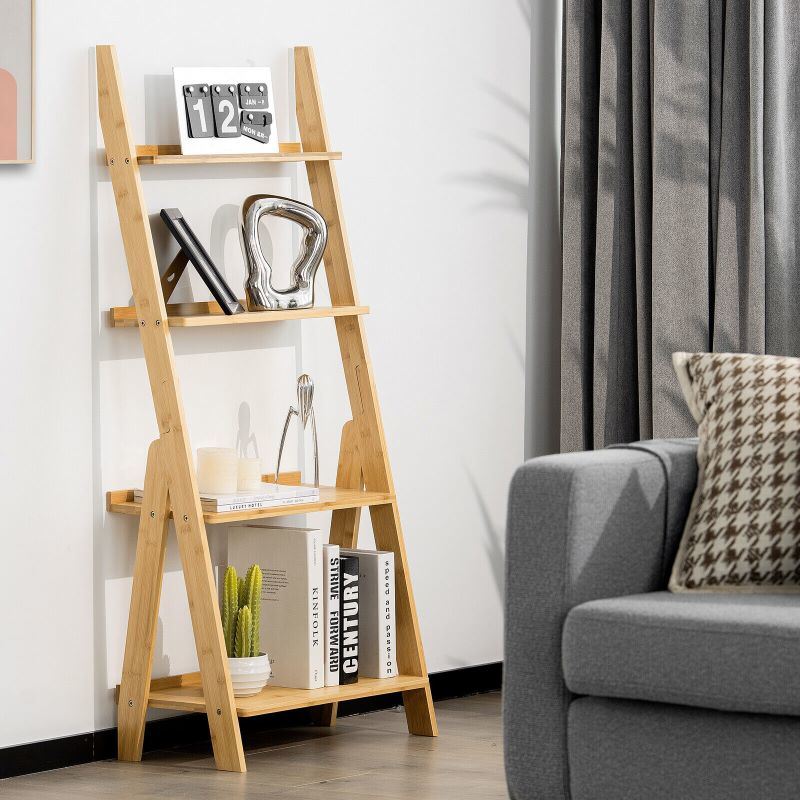 dropship Living Room 4-Tier Bamboo Ladder Display Shelf Storage Rack Plant Flower Stand