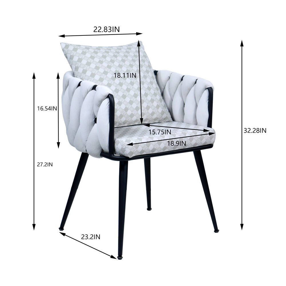dropship Beige Modern Velvet Dining Chairs Set of 2 Hand Weaving Accent Chairs Living Room Chairs Upholstered Side Chair with Black Metal Legs for Dining Room Kitchen Vanity Living Room