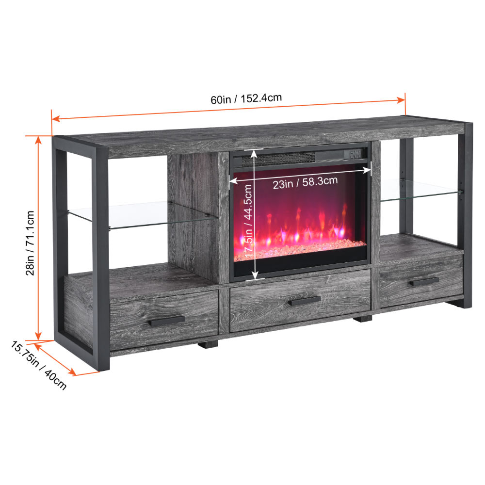 dropship 60 Inch Electric Fireplace Media TV Stand With Sync Colorful LED Lights-Dark rustic oak color