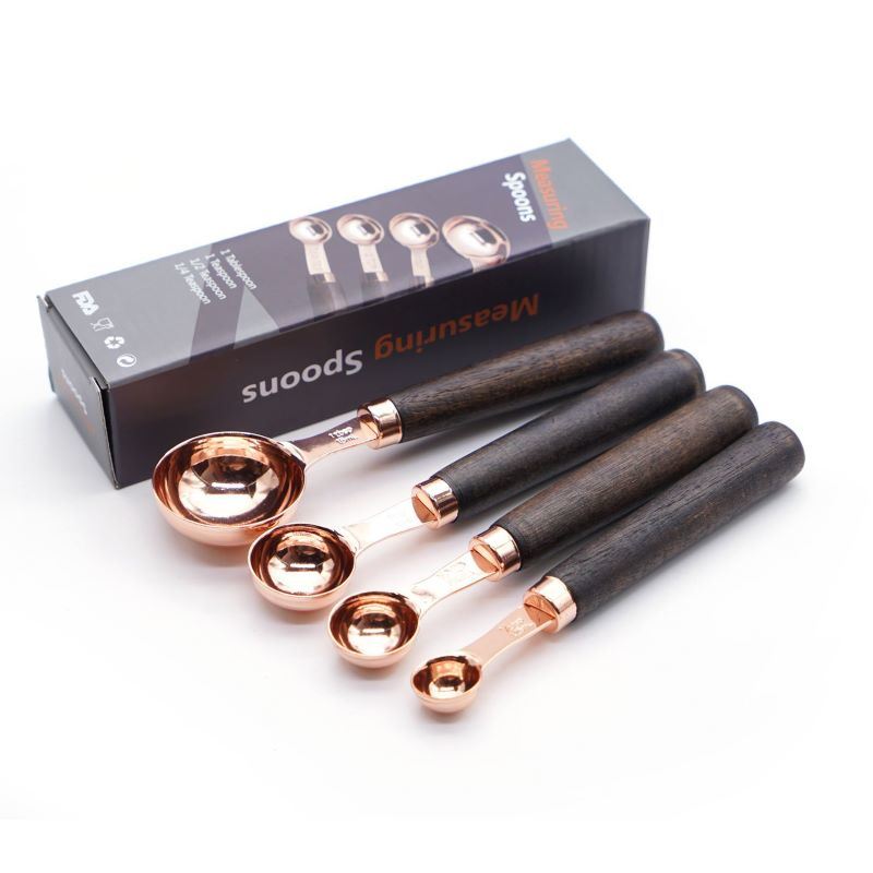 dropship Kitchen Accessories 4Pcs/Set Measuring Cups Spoons Stainless Steel Plated Copper Wooden Handle Cooking Baking Tools