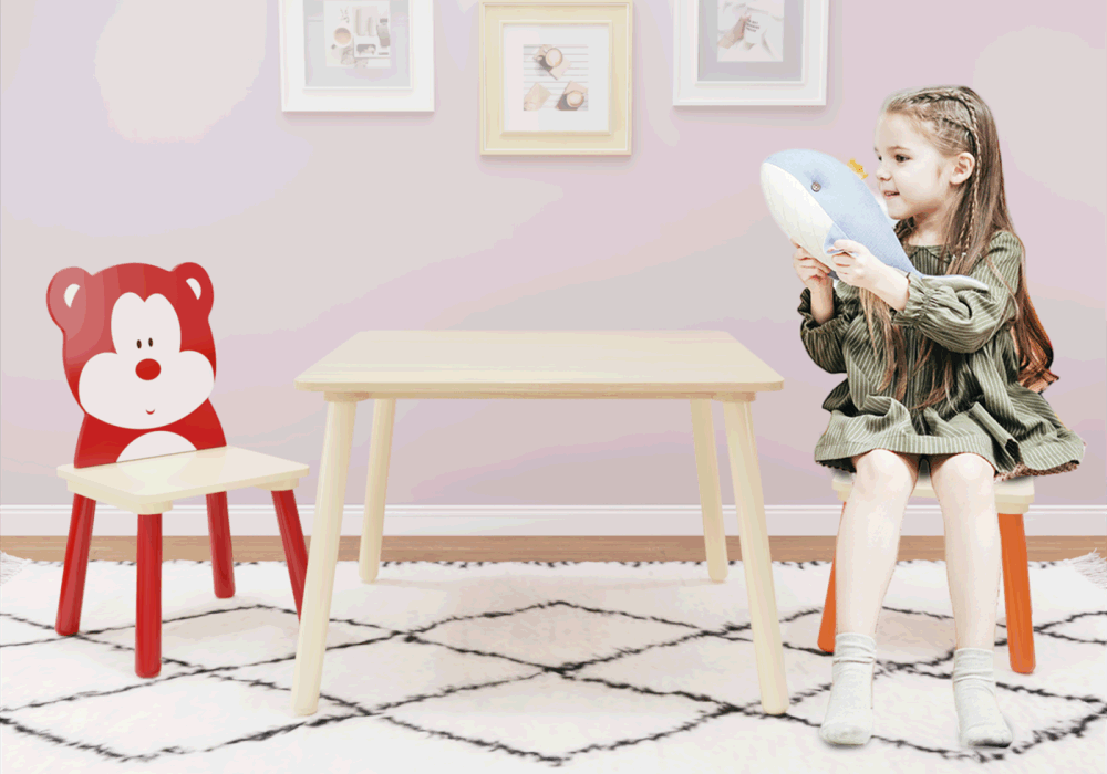 dropship Kids Table and 2 Chairs Set, 3 Pieces Toddler Table and Chair Set, Wooden Activity Play Table Set (Bear&Tiger)