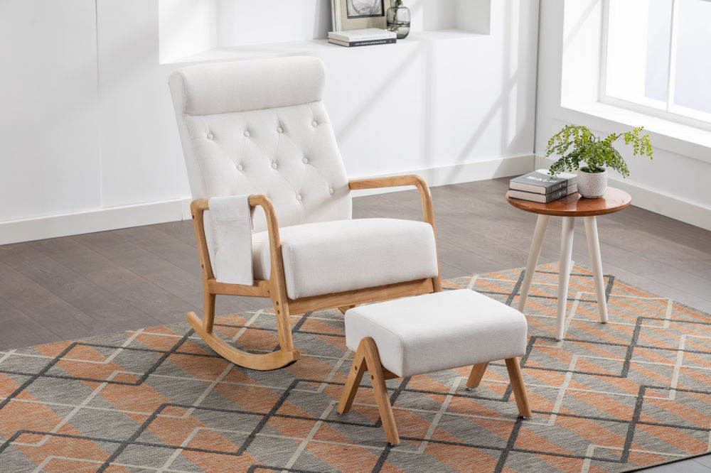 dropship COOLMORE Rocking Chair With Ottoman, Mid-Century Modern Upholstered Fabric Rocking Armchair, Rocking Chair Nursery with Thick Padded Cushion, High Backrest Accent Glider Rocker Chair for Living Room