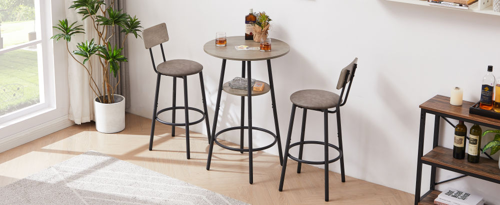 dropship Round bar stool set with shelf, upholstered stool with backrest Grey, 23.62'' W x 23.62'' D x 35.43'' H.