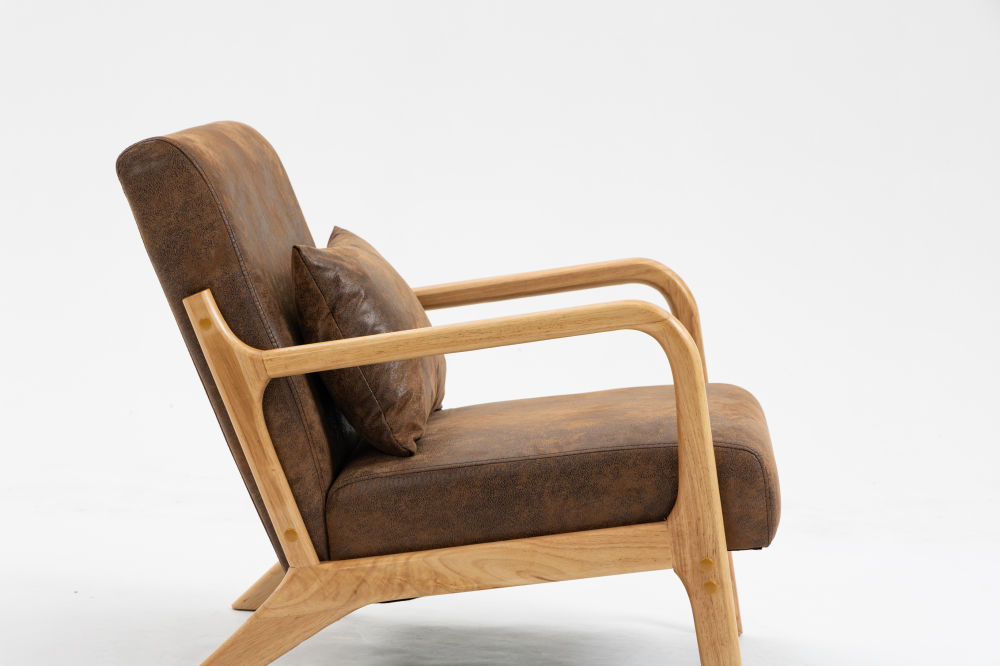 dropship Mid Century Modern Accent Chair with Wood Frame, Upholstered Living Room Chairs with Waist Cushion, Reading Armchair for Bedroom Sunroom