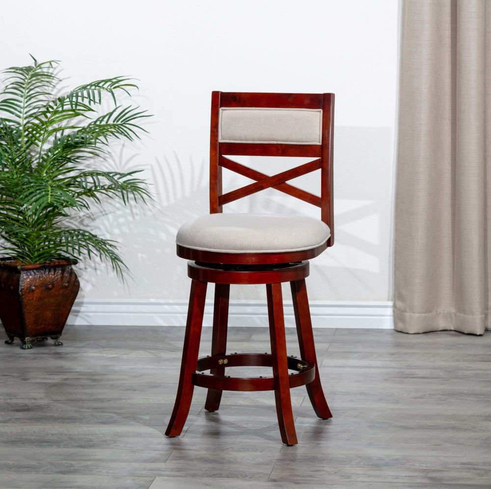 dropship 30" Bar Height X-Back Swivel Stool, Cherry Finish, Beige Fabric Seat