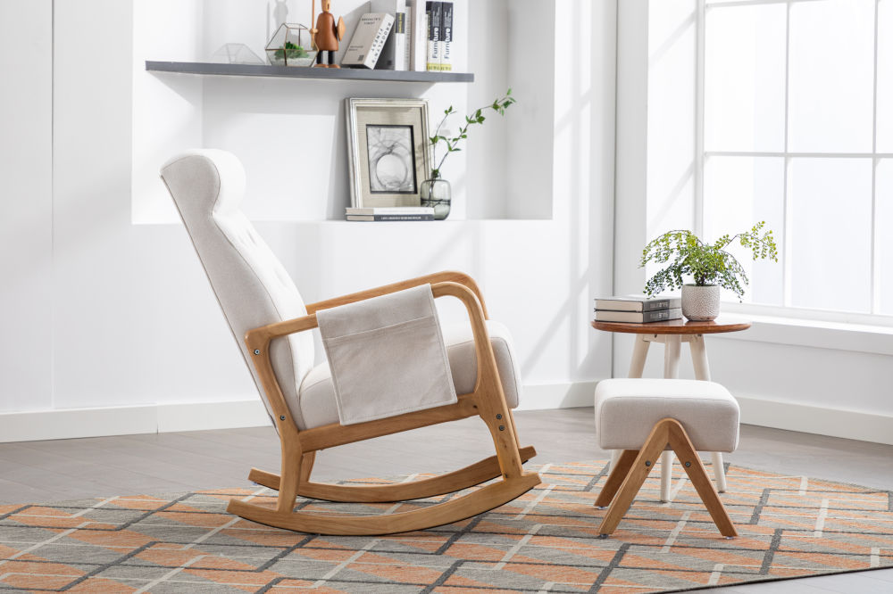 dropship COOLMORE Rocking Chair With Ottoman, Mid-Century Modern Upholstered Fabric Rocking Armchair, Rocking Chair Nursery with Thick Padded Cushion, High Backrest Accent Glider Rocker Chair for Living Room