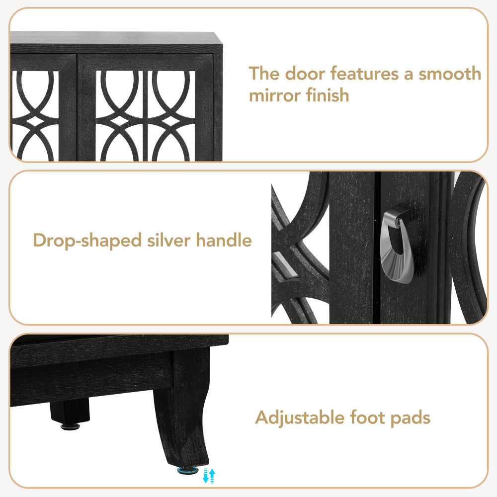 dropship TREXM Sideboard with Glass Doors, 3 Door Mirrored Buffet Cabinet with Silver Handle for Living Room, Hallway, Dining Room (Black)