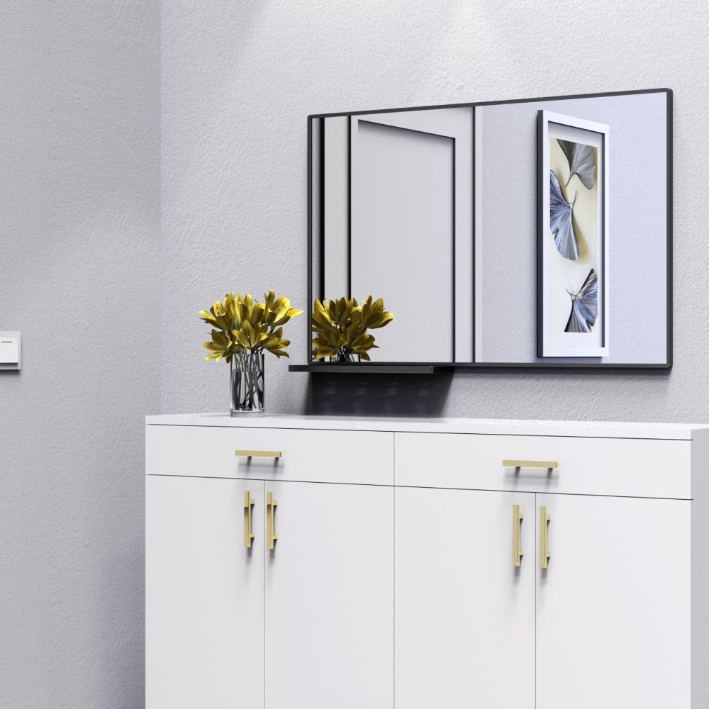 dropship Modern Bathroom Mirror With Storage Shelf Rectangular Black Wall Mirrors for Bathroom Living Room Bedroom Hanging Mirror Aluminum Frame 48x30 Inch