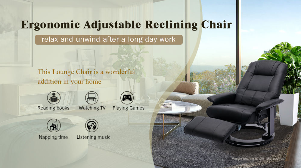 dropship Faux Leather Manual Recliner,Adjustable Swivel Lounge Chair with Footrest,Can Rotate 360 Degrees,L-right Angle Curved Wooden Frame, Armrest and Wrapped Wood Base for Living Room,Black
