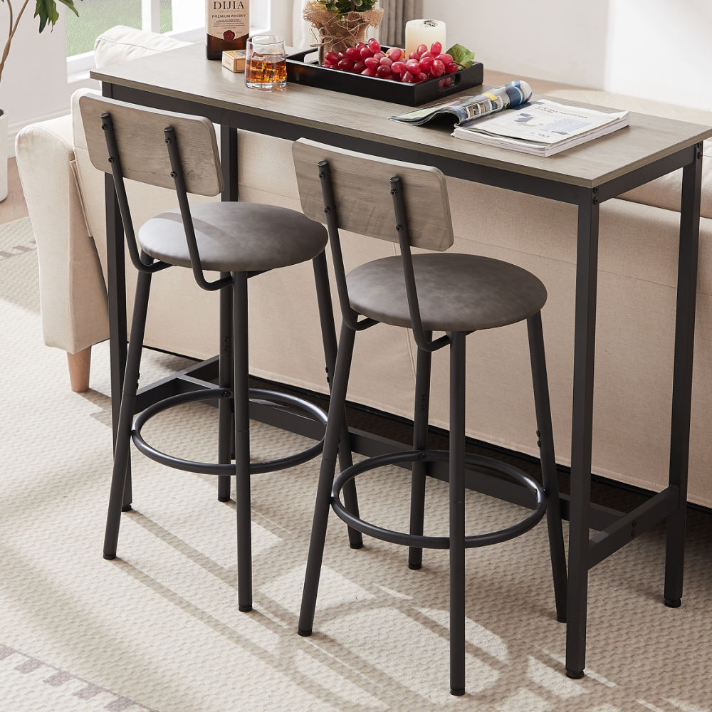 dropship Bar Table Set with 2 Bar stools PU Soft seat with backrest, Grey, 43.31'' L x 15.75'' W x 35.43'' H.