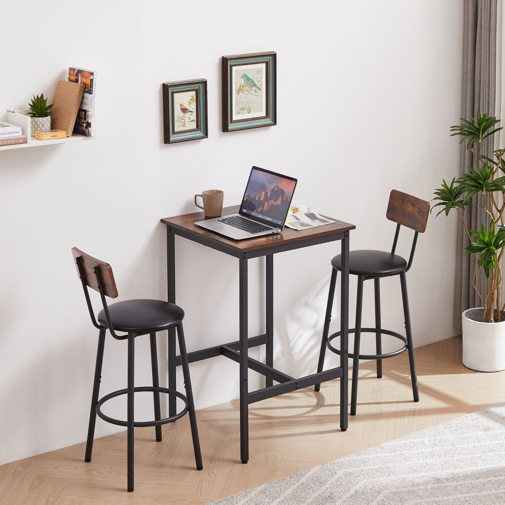 dropship Bar Table Set with 2 Bar stools PU Soft seat with backrest, Rustic Brown, 23.62'' W x 23.62'' D x 35.43'' H