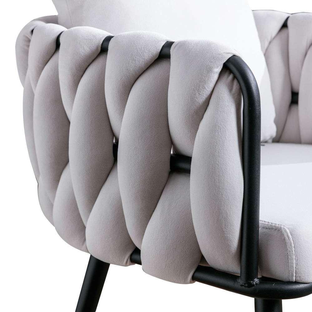 dropship Pure Ivory Modern Velvet Dining Chairs Set of 2 Hand Weaving Accent Chairs Living Room Chairs Upholstered Side Chair with Black Metal Legs for Dining Room Kitchen Vanity Living Room