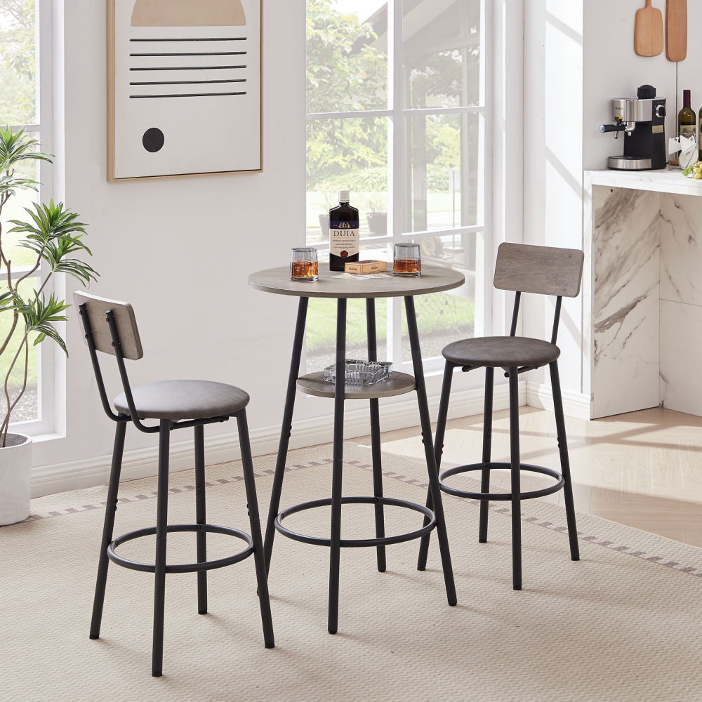 dropship Round bar stool set with shelf, upholstered stool with backrest Grey, 23.62'' W x 23.62'' D x 35.43'' H.