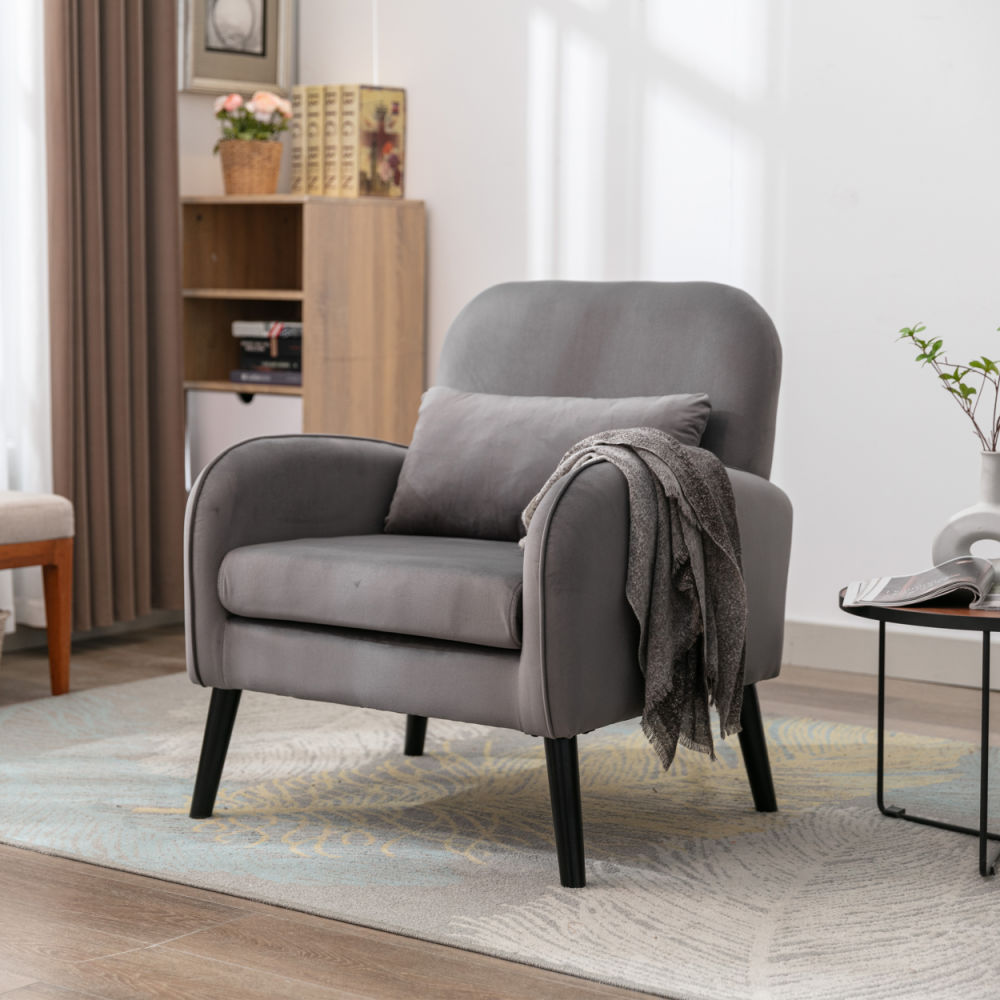 dropship Accent chair, KD solid wood legs with black painting. Fabric cover the seat. With a cushion.