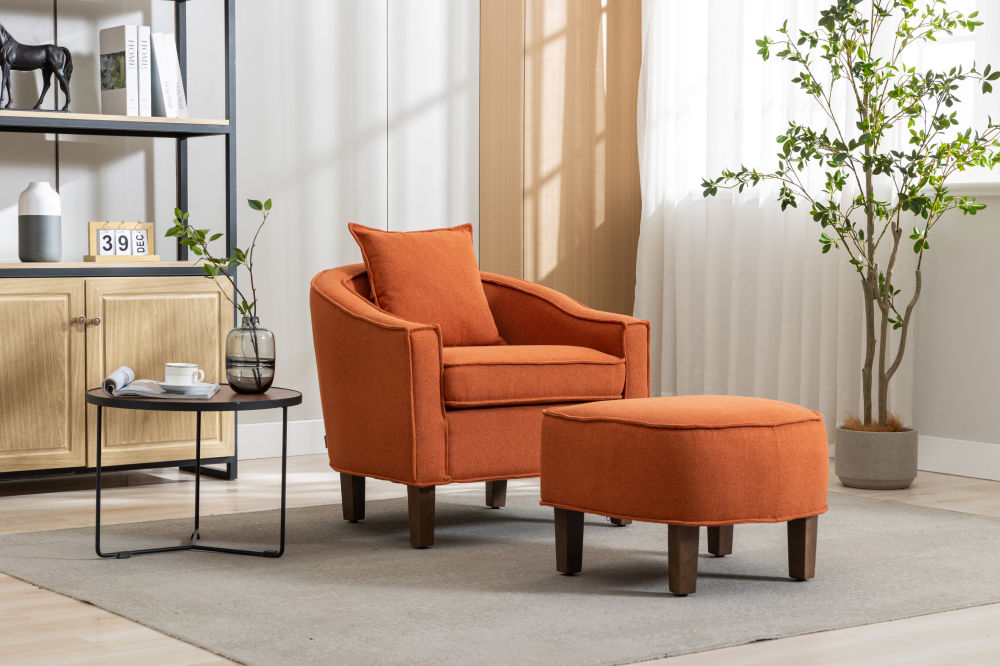 dropship COOLMORE Accent Chair with Ottoman, Mid Century Modern Barrel Chair Upholstered Club Tub Round Arms Chair for Living Room