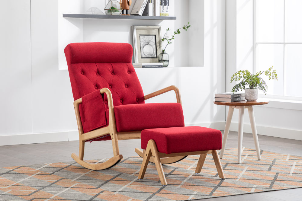dropship COOLMORE Rocking Chair With Ottoman, Mid-Century Modern Upholstered Fabric Rocking Armchair, Rocking Chair Nursery with Thick Padded Cushion, High Backrest Accent Glider Rocker Chair for Living Room