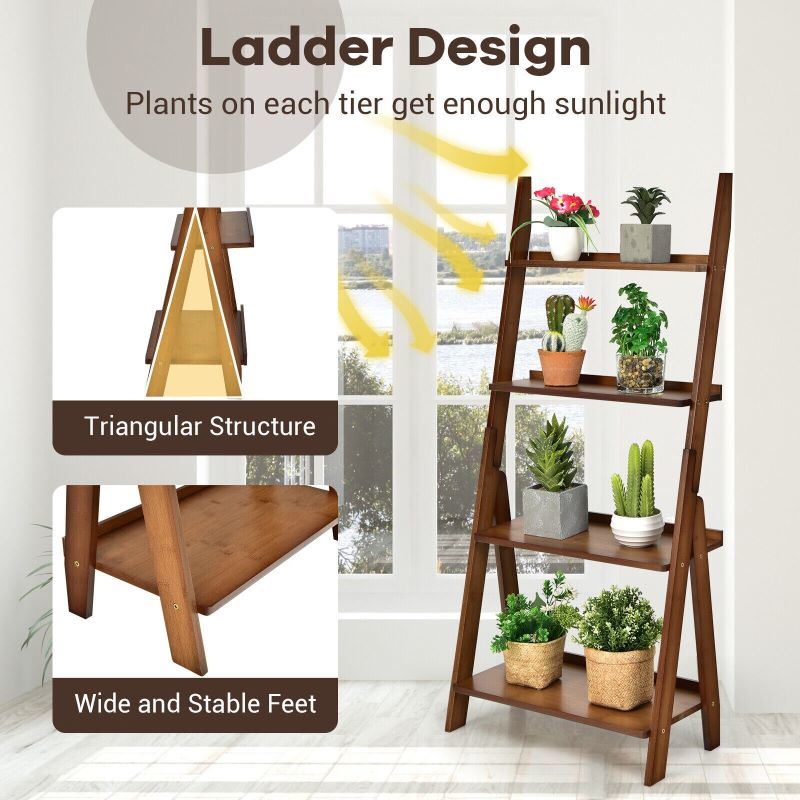 dropship Living Room 4-Tier Bamboo Ladder Display Shelf Storage Rack Plant Flower Stand