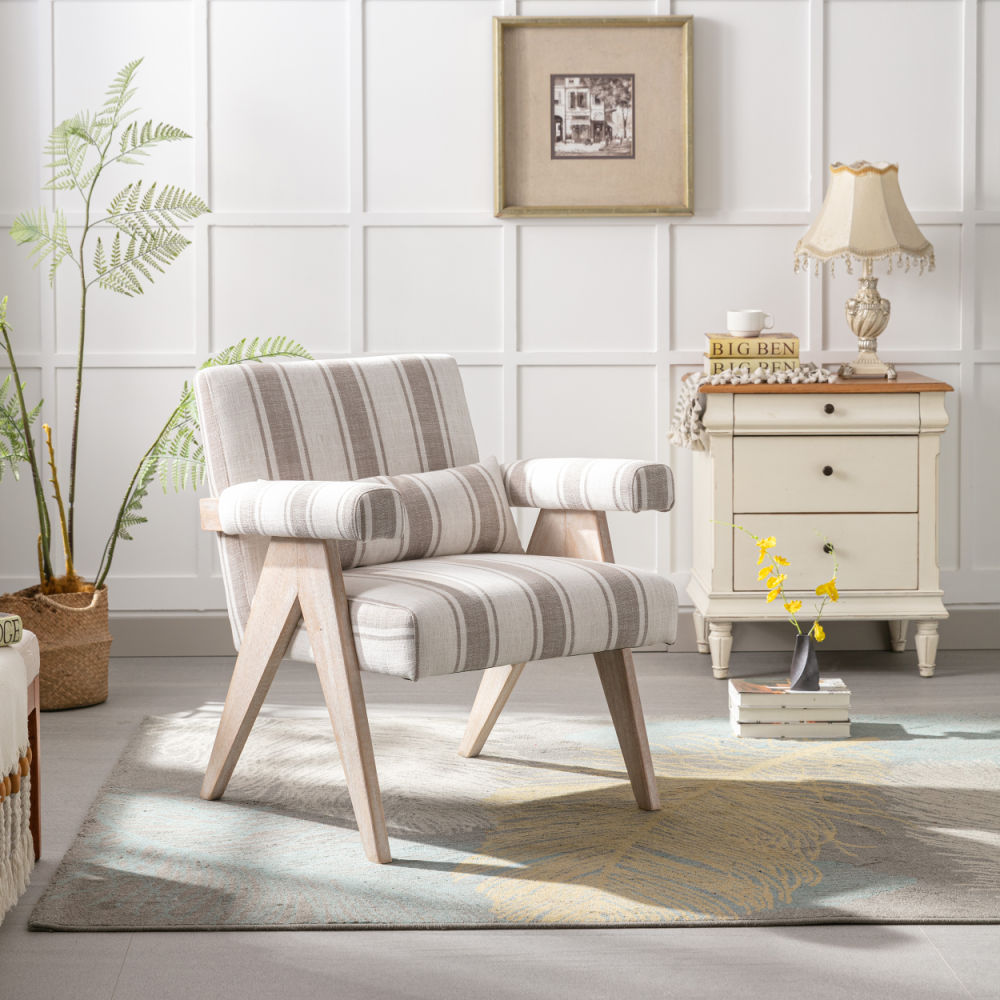 dropship Accent chair, KD rubber wood legs with black finish. Fabric cover the seat. With a cushion.Grey Stripe