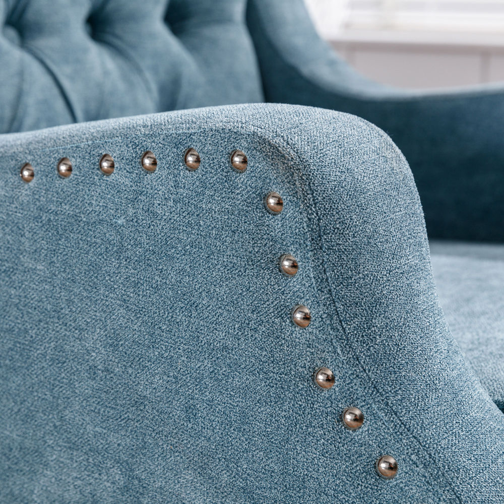 dropship Blue Accent Chair, Living Room Chair, Footrest Chair Set with Vintage Brass Studs, Button Tufted Upholstered Armchair for Living Room, Comfy Reading Chair for Bedroom, Reception Room