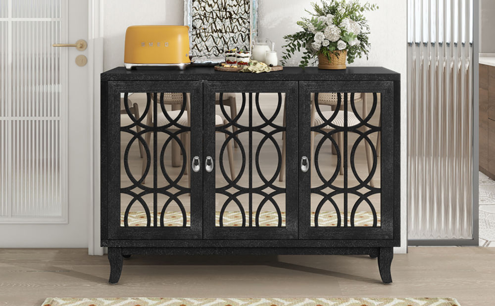 dropship TREXM Sideboard with Glass Doors, 3 Door Mirrored Buffet Cabinet with Silver Handle for Living Room, Hallway, Dining Room (Black)
